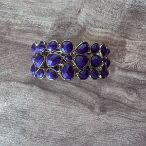 Chunky Stretchy Bangle Bracelet Purple & Gold Tone Faceted Bead Bling Costume